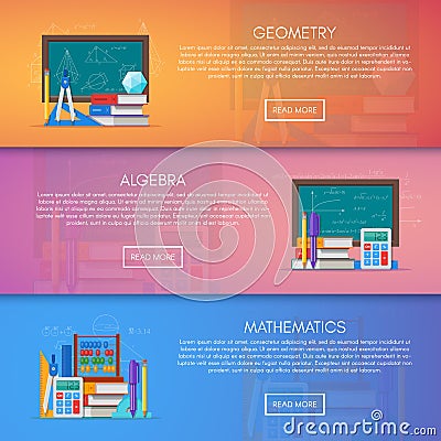 Geometry, algebra and math vector banners. Science education concept poster in flat style design Vector Illustration