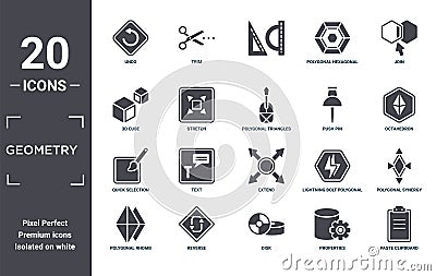 geometry icon set. include creative elements as undo, join, push pin, extend, reverse, quick selection filled icons can be used Vector Illustration