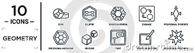 geometry linear icon set. includes thin line disk, dodecahedron, polygonal synergy shapes, 3d cube, quick selection, polygonal Vector Illustration