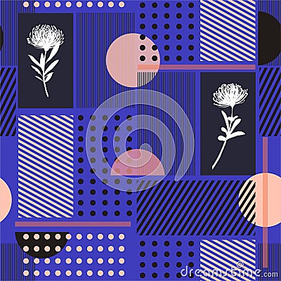 Geometry minimal seamless pattern simple shape and silhouette flowers and stripe modern vector pattern design for fashin ,fabric, Stock Photo