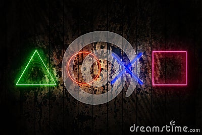 Geometry Neon lights in the room with Modern Blue Ambient lights background. Game symbols playstation icons on a black background Stock Photo