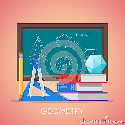 Geometry science education concept vector poster in flat style design. Math symbols on a school chalkboard Vector Illustration