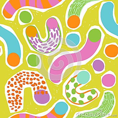 Geometry simple minimal shapes, forms wallpaper. Abstract geometric lines, circles, doodles, squiggles seamless pattern Vector Illustration