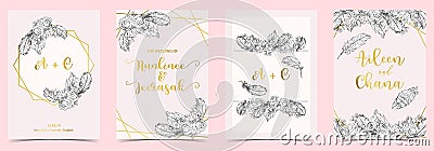 Geometry white,black,gold outline wedding invitation card with r Vector Illustration