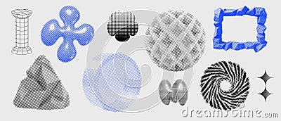 Geometry wireframe shapes and grids set. 3D abstract cyberpunk elements, frames in trendy psychedelic rave style. 00s Vector Illustration