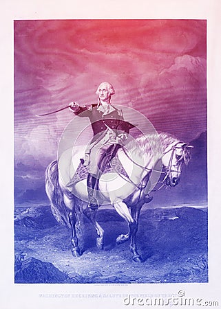 George Washington engraved illustration on horseback, in line art Cartoon Illustration