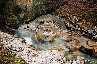 Georgous mountain river among the rocks and trees Stock Photo