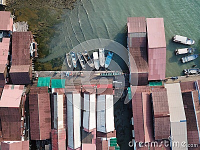 Aerial fishing boat park at Chew Jetty. Editorial Stock Photo