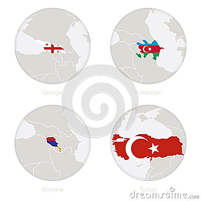 Georgia, Azerbaijan, Armenia, Turkey map contour and national flag in a circle Vector Illustration