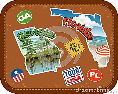 Georgia, Florida travel stickers with scenic attractions Vector Illustration