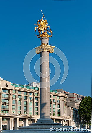 Georgia.Tbilisi.Memorial statue of St. George on Freedom Square. Editorial Stock Photo