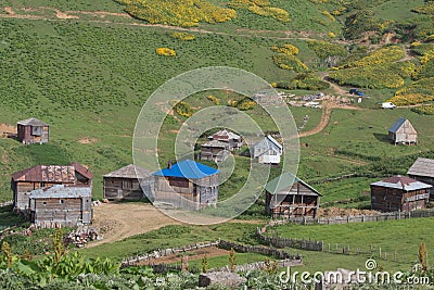 Georgia wooden houses, green fields and famous touristic Gomi mountain. Traditional Georgian Caucasus old cabins Stock Photo
