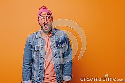 Georgian adult male in trendy outfit, expressing shock standing on left side of image Stock Photo