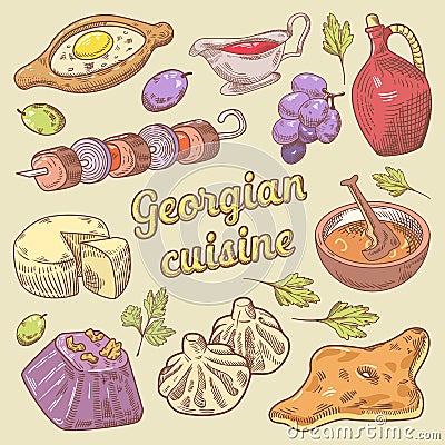 Georgian Cuisine Traditional Food with Khinkali. Hand Drawn doodle Vector Illustration