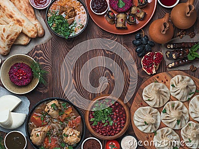 Georgian cuisine on wood table,top view,copy space Stock Photo