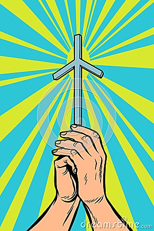 Georgian Orthodox Grapevine Christian cross in the light, hands of the believer Vector Illustration