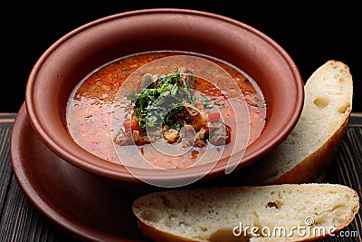 Georgian soup Kharcho with meat in a plate Stock Photo