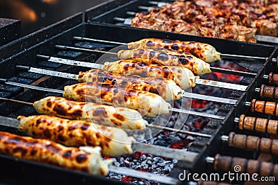 Georgian traditional dish - khachapuri, pastry with cheese on a skewer fried on the grill. Fresh hot tasty street food. Stock Photo