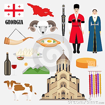 Georgian traditional symbols and sights set Vector Illustration