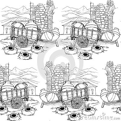 Georgian traditional vineyard with kvevri. Countriside panorama on a background. Black and white sketch style seamless pattern Cartoon Illustration
