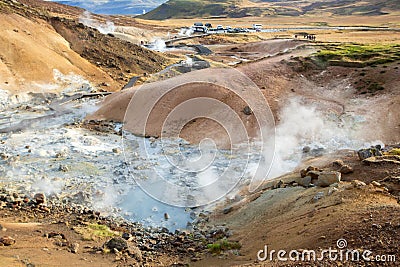 Geothermal area in Krysuvik on early sunny morning, Southern Peninsula Reykjanesskagi, Reykjanes Peninsula, Iceland Stock Photo