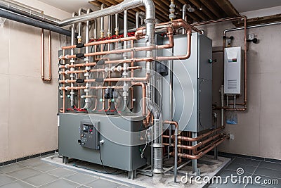 a geothermal heat pump system, with water circulating and being heated Stock Photo