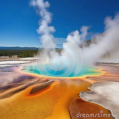 The geothermal hot springs of Yellowstone National with steam rising from the pools against a backdrop of rugged mountains Cartoon Illustration