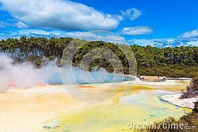 Geothermal pools in Wai-O-Tapu park, Rotorua, New Zealand. Copy space for text Stock Photo