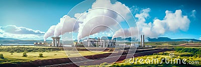 geothermal power plant wells and turbines generating electricity from underground heat. Generative AI Stock Photo