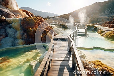 Geothermal Resorts. Terrace Mammoth Hot springs nestled amidst unique natural landscapes. Therapeutic baths and beautiful views to Stock Photo