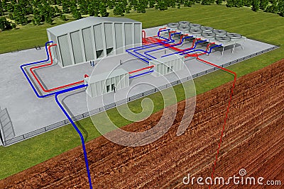 Geothermal system with cutting through the earth Stock Photo