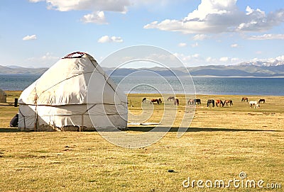 The ger camp in a large meadow at Song kul lake , Naryn of Kyrgyzstan Stock Photo