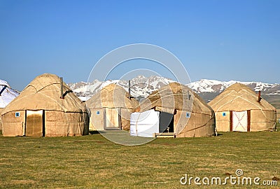 The ger camp in a large meadow at Song kul lake , Naryn of Kyrgyzstan Editorial Stock Photo