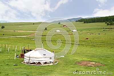 The ger camp in a large meadow at Ulaanbaatar , Mongolia Stock Photo