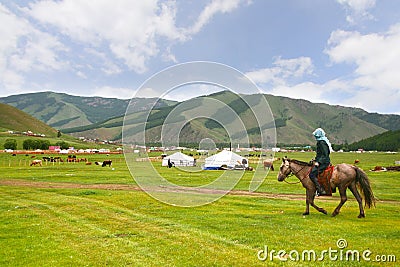 The ger camp in a large meadow at Ulaanbaatar , Mongolia Stock Photo