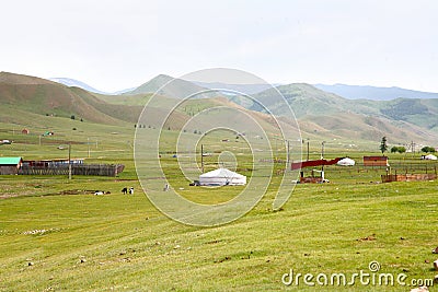 The ger camp in a large meadow at Ulaanbaatar , Mongolia Stock Photo