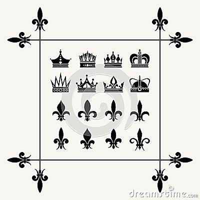 Geraldic crowns and fleur de lys design elements Vector Illustration