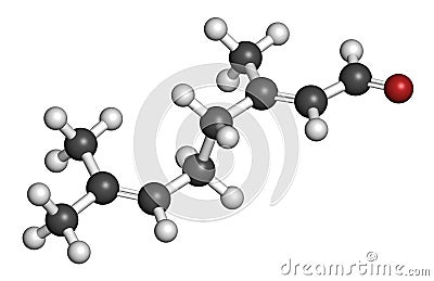 Geranial lemon fragrance molecule. 3D rendering. Atoms are represented as spheres with conventional color coding: hydrogen white. Stock Photo