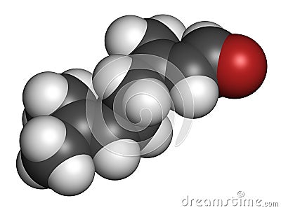 Geranial lemon fragrance molecule. 3D rendering. Atoms are represented as spheres with conventional color coding: hydrogen white. Stock Photo