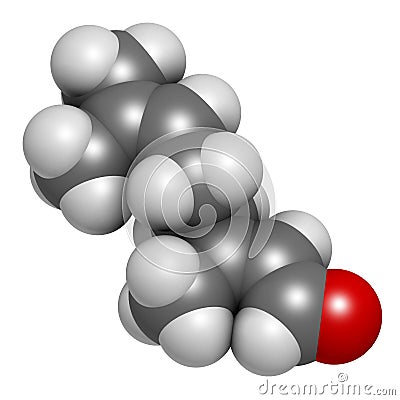 Geranial lemon fragrance molecule. 3D rendering. Atoms are represented as spheres with conventional color coding: hydrogen (white Stock Photo