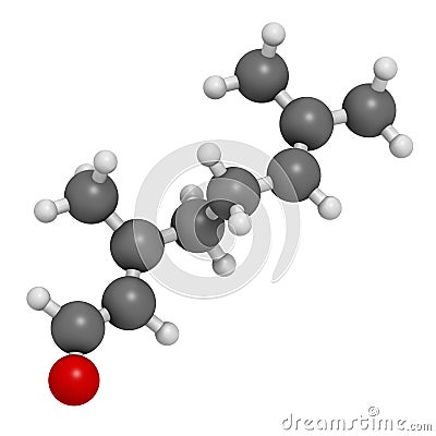 Geranial lemon fragrance molecule. 3D rendering. Atoms are represented as spheres with conventional color coding: hydrogen (white Stock Photo