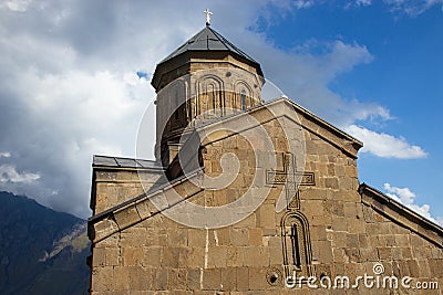 Gergeti church near Kazbegi, Stepantsminda, Georgia Stock Photo