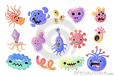 Germ character. Cartoon virus or microbe cell with funny faces. Caricature flu disease bacteria. Microscopic monsters Vector Illustration