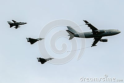 German Air Force Airbus A310 MRTT plane aerial refuelling two Eurofighter Typhoons fighter jets and Tornado fighter bombers Editorial Stock Photo