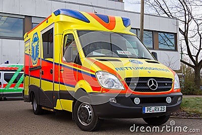 German ambulance vehicle stands on hospital Editorial Stock Photo