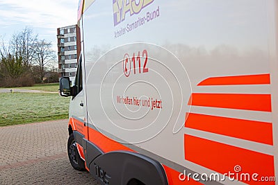 German ambulance vehicle stands on hospital Editorial Stock Photo