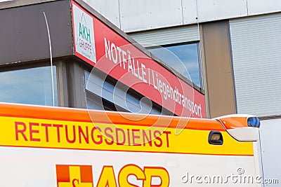 German ambulance vehicle stands on hospital Editorial Stock Photo