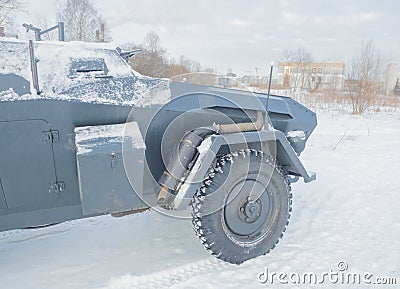 German armored vehicle, front wheel and exhaust pipe Stock Photo