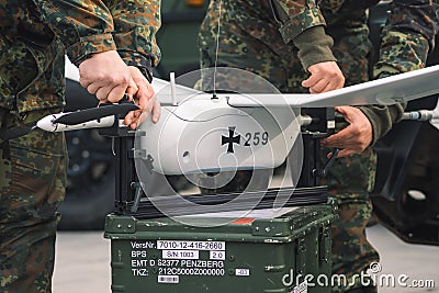 German Army soldiers preparing a Aladin UAV military portable drone Editorial Stock Photo
