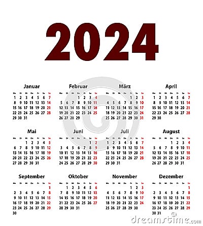 German Calendar grid bold digits for 2024. MF Cartoon Illustration